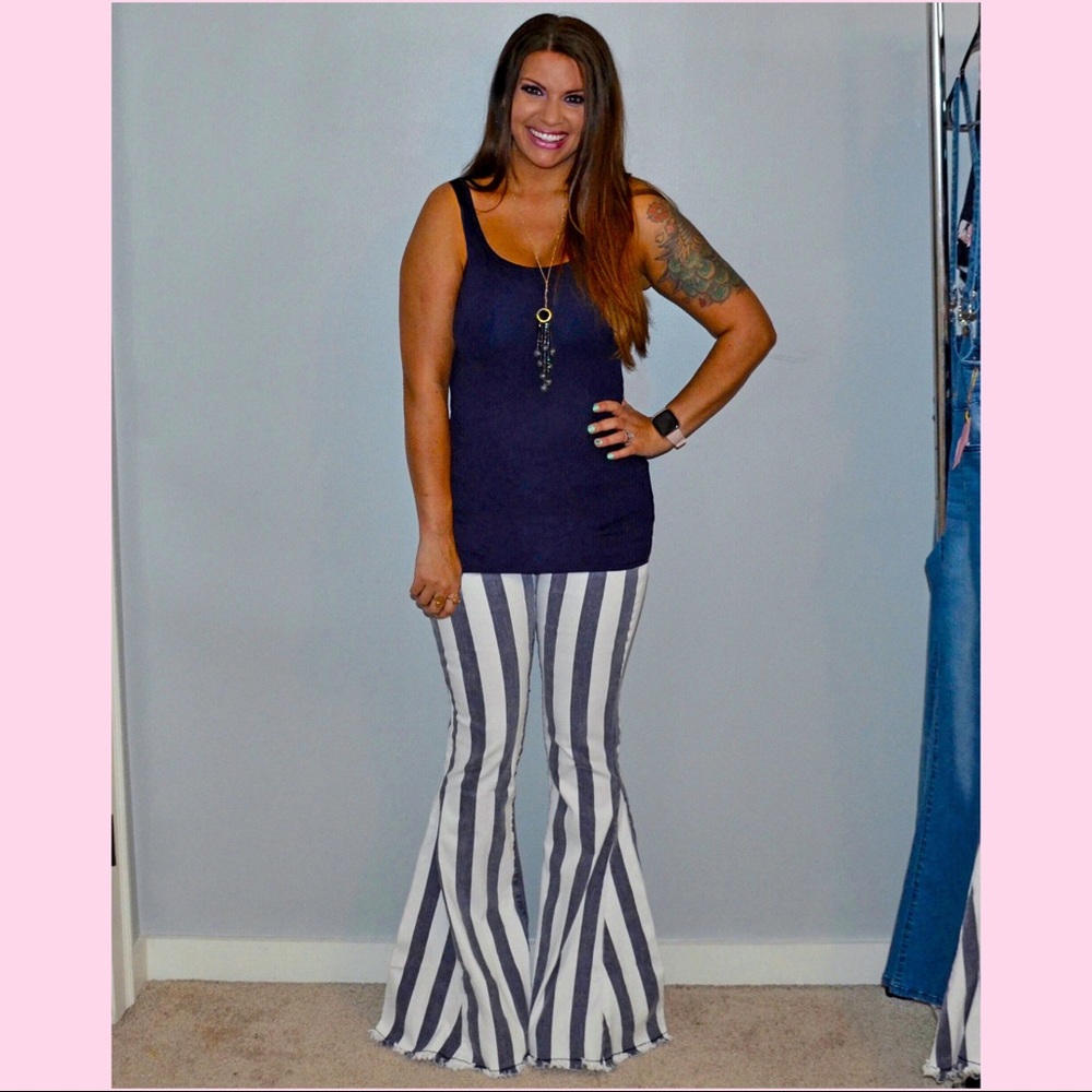 Striped Fringe Bell Bottom Jeans - Picture 4 of 9